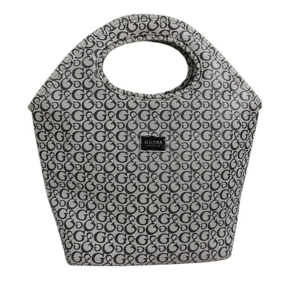 GUESS Gray Monogram Tote Shoulder Bag with Cutout Handles